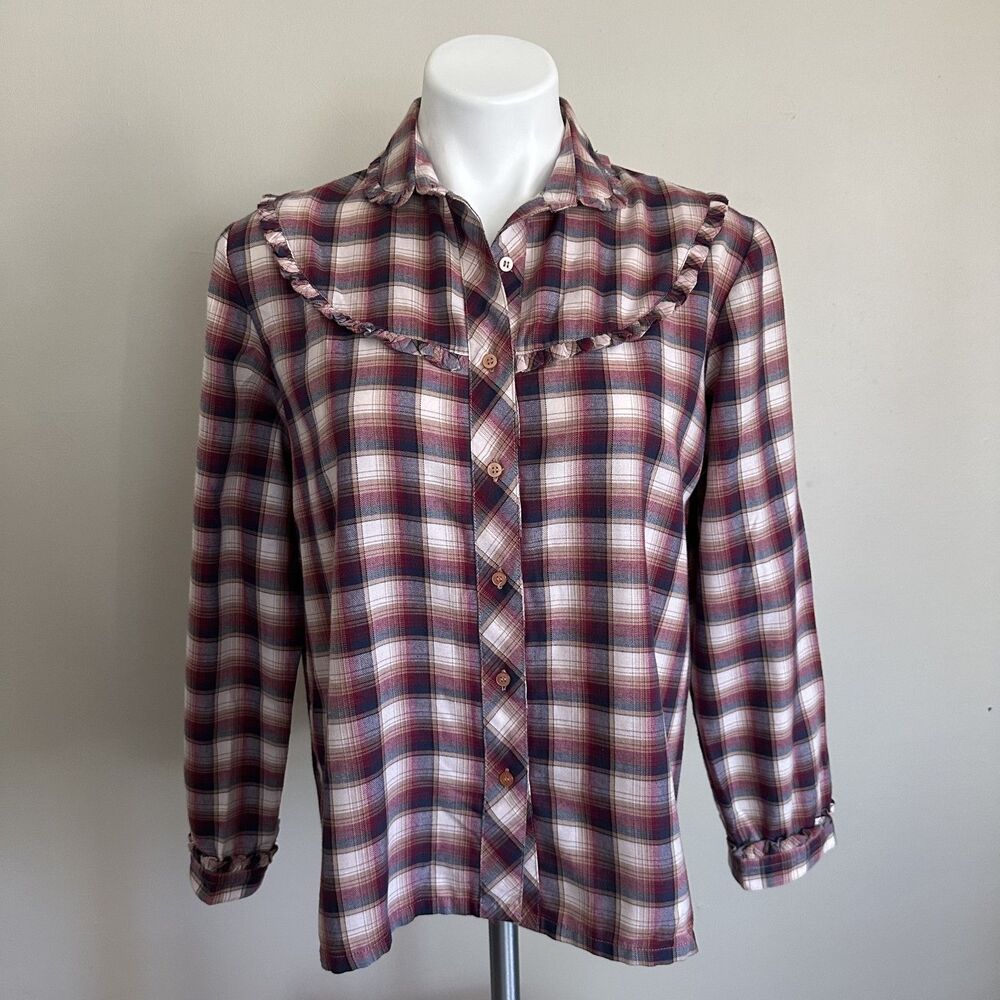 VTG 80s Western Cowgirl Country Americana Plaid Shirt Size Medium Long Sleeve